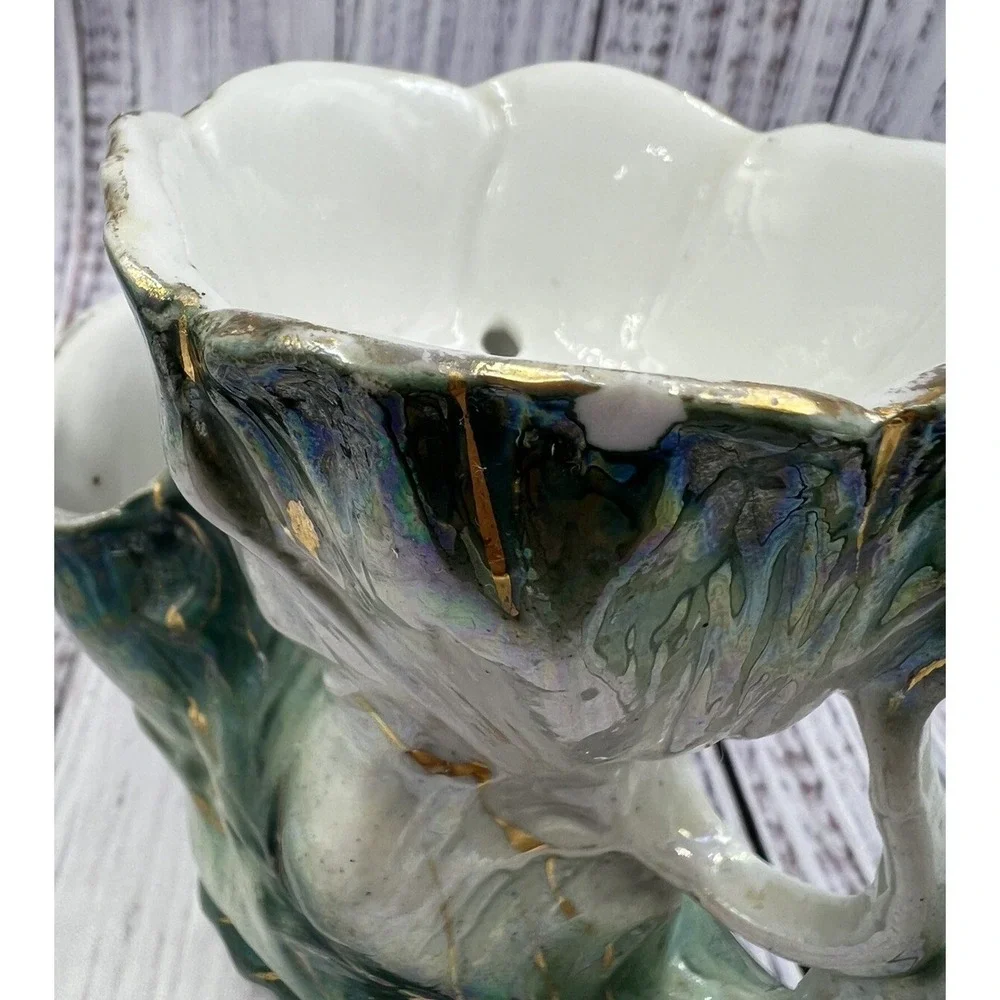 Antique German Porcelain Mustache Shaving Mug Luster Green Gold
